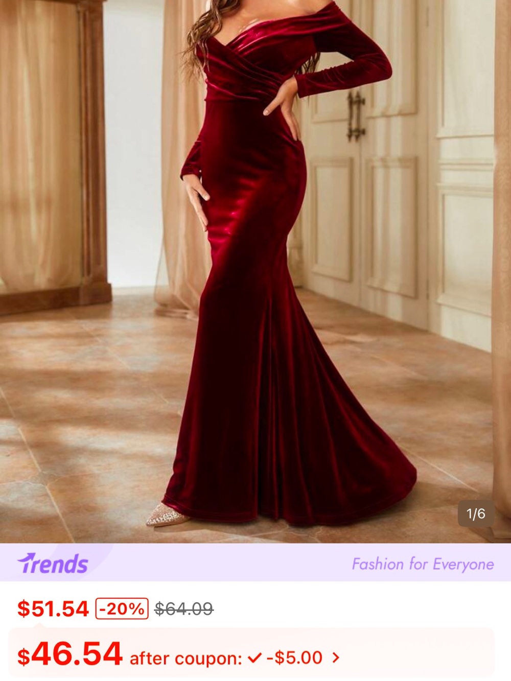 Elegant Burgundy Velvet Long Sleeve and Leg Slit Evening Dress - Picture 2 of 2